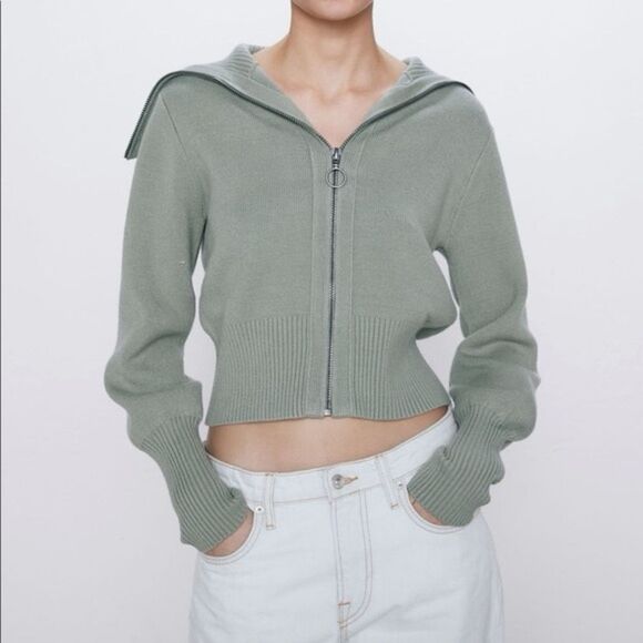 ZARA ZIPPERED HIGH COLLAR KNIT JACKET - Picture 1 of 7